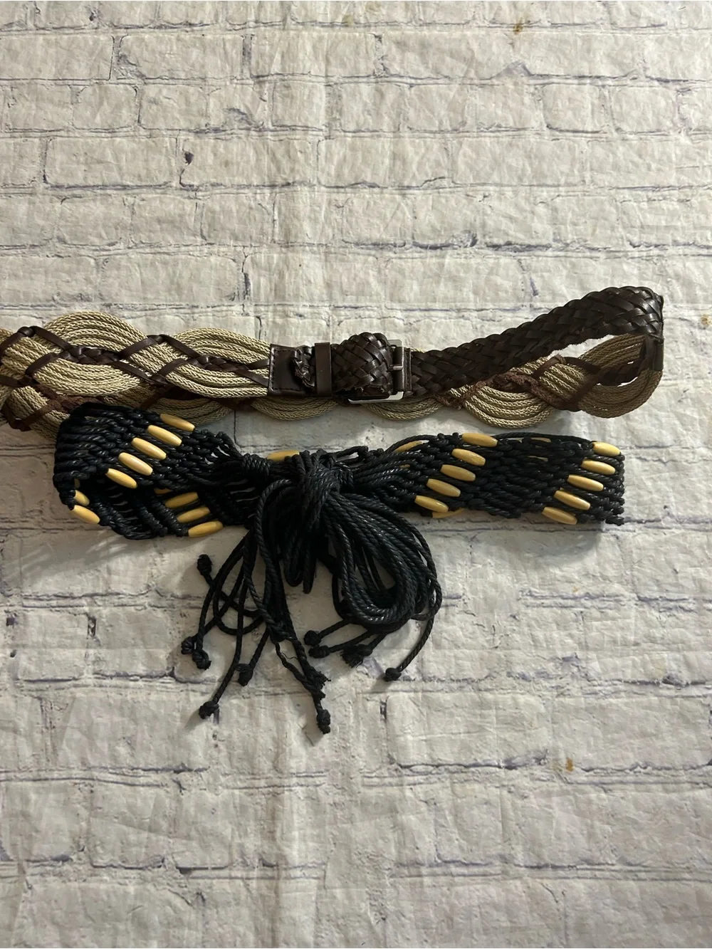 TALBOTS TAN & BROWN BOHEMIAN WOVEN BELT SIZE M & BLACK & TAN BEADED BOHO BELT OS